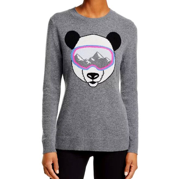 AQUA Cashmere - Ski Panda with Pink Goggles, Lightweight Grey Cashmere Sweater S - Picture 1 of 7